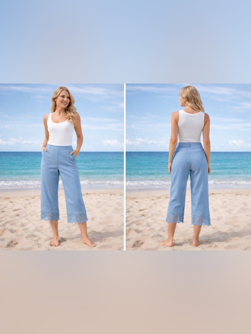 HALARA Lace Hem Cropped Pants XS Blue High Waisted Stretch NWT 23.5” Inseam - Picture 2 of 3